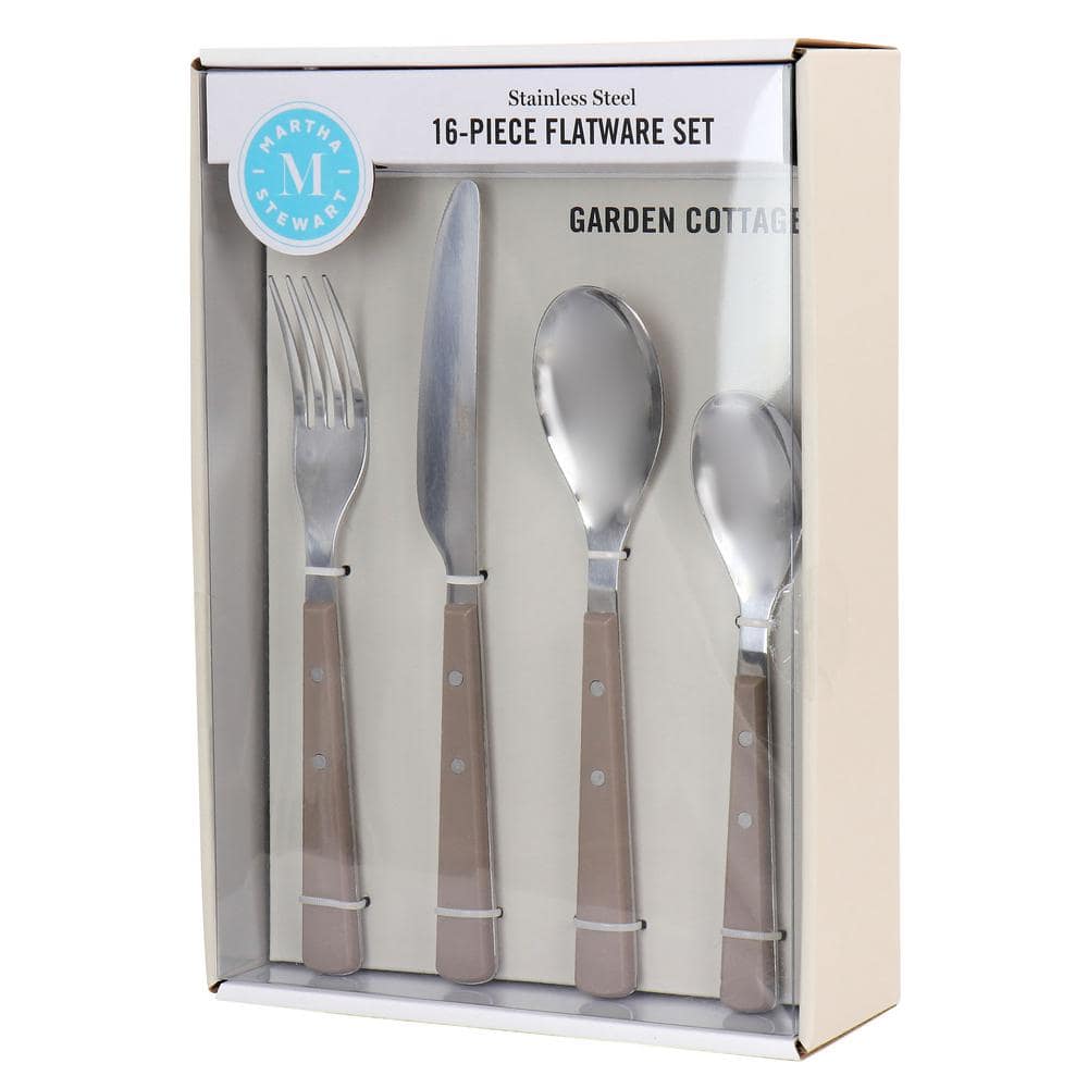 16-Piece Stainless Steel Flatware Set with Taupe Handles