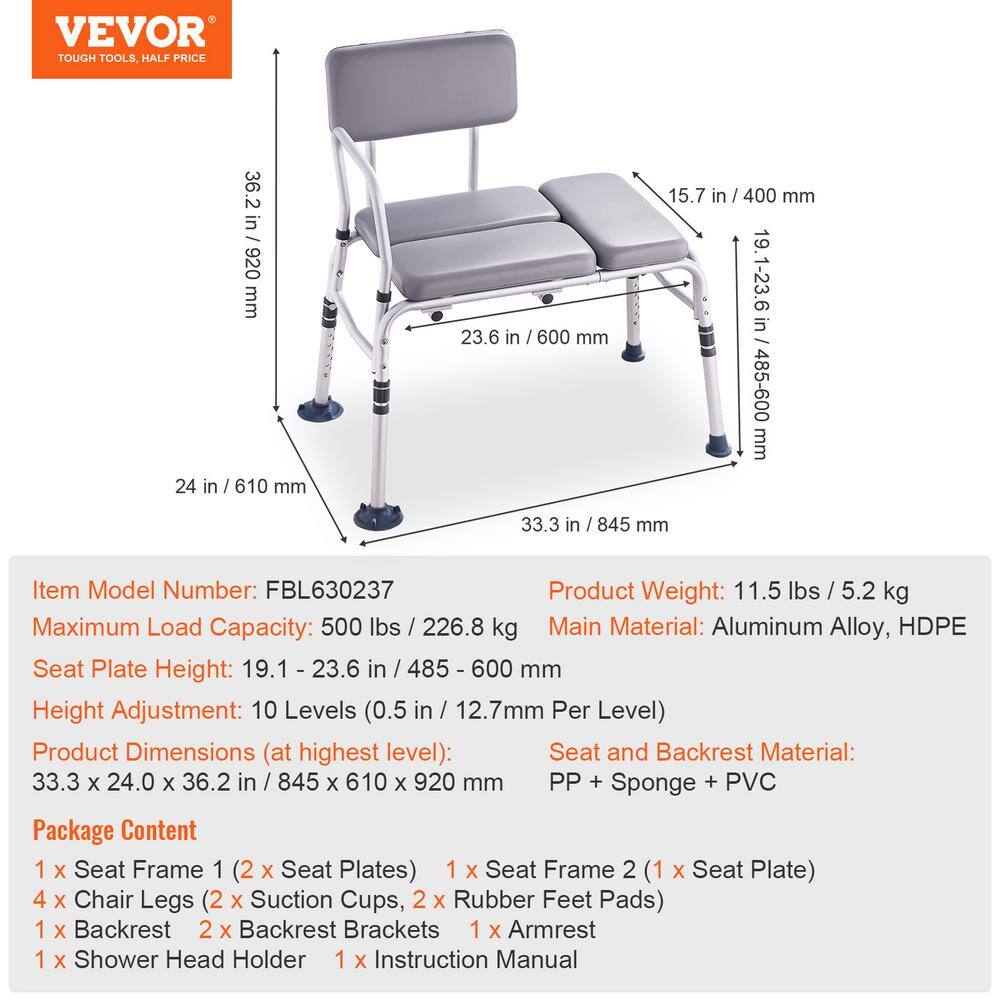 Gray PVC Adjustable Bathtub Transfer Bench with Padded Seat
