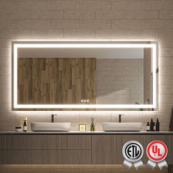 waterpar Backlit and Front Light 84 in. W x 40 in. H Rectangular Frameless Wall Bathroom Vanity Mirror