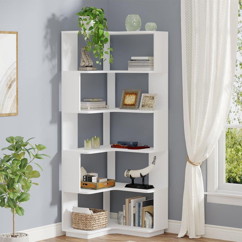 BYBLIGHT 65 in. Tall White Engineered Wood 6-Shelf Corner Bookcase