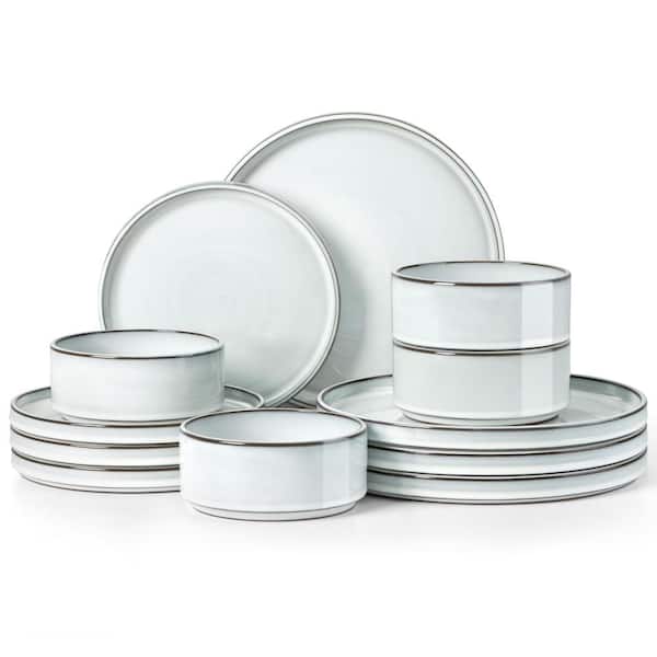 Stoneware Dinnerware Set for 4, 12-Piece Plates and Bowls, Icy White with Rustic Terracotta Bottoms Solid