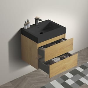 24 in. Single Sink Wall Mounted Natural Oak Bath Vanity with Black Solid Surface Top Unassembled without Drain