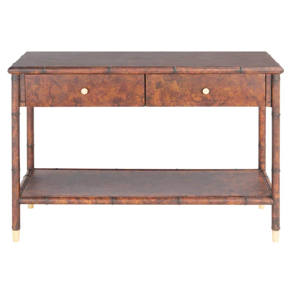 Tudor Inspired Dark Brown Wood Console Table with Gold Accents