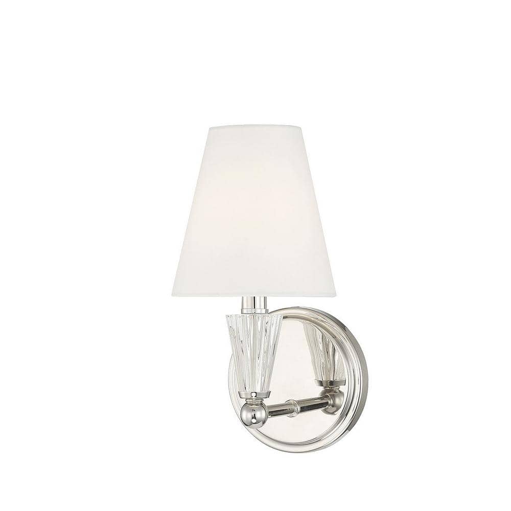 Polished Nickel Sconce with White Fabric Shade and Crystal Accent