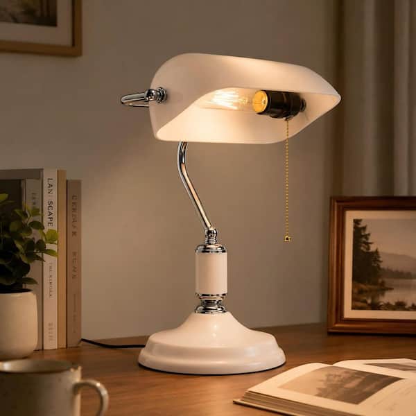 Emeritpro 15 in. White Traditional Task and Reading Banker Desk Lamp with Pull Chain and Glass Shade for Bedroom or Living Room HG-TD03001AWH-AP2
