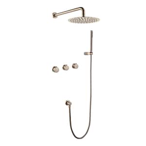 Triple Handle 1-Spray Shower Faucet 1.8 GPM with Ceramic Disc Valves Brass Wall Mounted Shower System in Brushed Gold