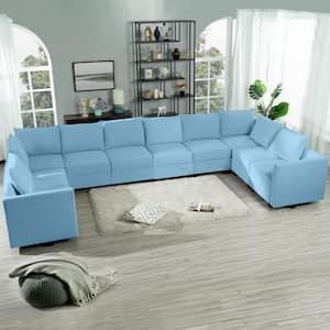 87.01 in. W Modern 10-Seater Upholstered Linen Sectional Sofa in Robin Egg Blue