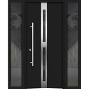 60 in. x 80 in. Right-Hand/Inswing 2 Sidelights Tinted Glass Black Enamel Steel Prehung Front Door with Hardware
