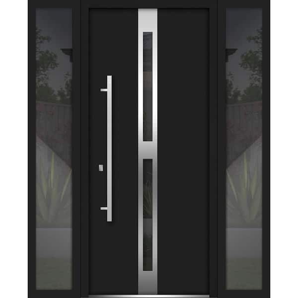 VDOMDOORS 64 in. x 80 in. Right-Hand/Inswing 2 Sidelights Tinted Glass Black Enamel Steel Prehung Front Door with Hardware