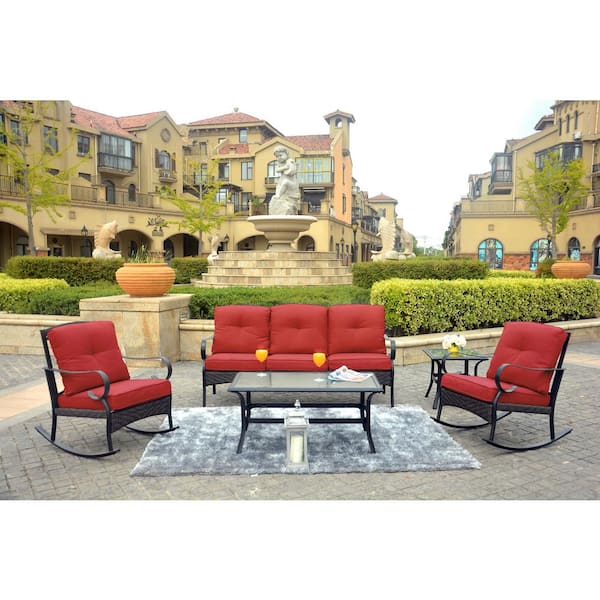moda furnishings Rose 5-Pieces Metal Patio Conversation Set with Red Cushions