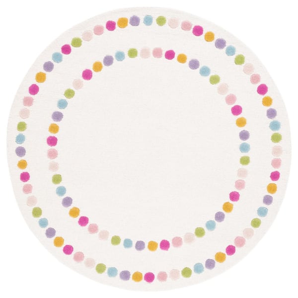 Kids 5 ft. x 5 ft. Ivory/Pink Polka-Dot Border Round Area Rug