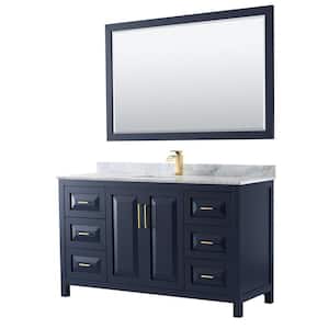Daria 60 in. Single Vanity in Dark Blue with Marble Vanity Top in White Carrara with White Basin and 58 in. Mirror
