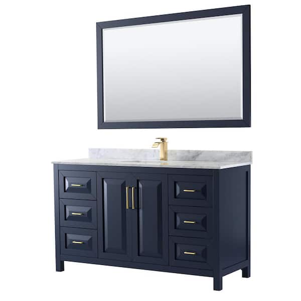Wyndham Collection Daria 60 in. Single Vanity in Dark Blue with Marble Vanity Top in White Carrara with White Basin and 58 in. Mirror