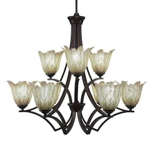 Clevelend 9-Light Dark Granite Chandelier, Round Chandelier with 7 in. Vanilla Leaf Glass Shades, No bulbs included