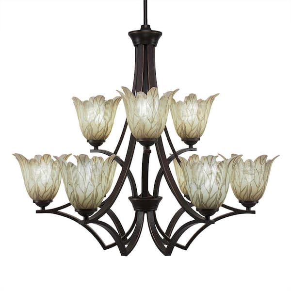 Unbranded Clevelend 9-Light Dark Granite Chandelier, Round Chandelier with 7 in. Vanilla Leaf Glass Shades, No bulbs included