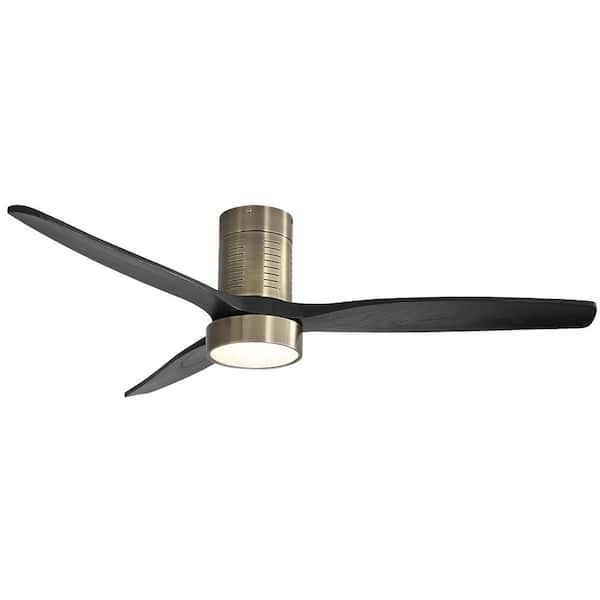 Sofucor 52 in. LED Indoor/Outdoor Gold Flush Mount Ceiling Fan with 3-Reversible Black Wood Blades and 6-Speed DC Remote