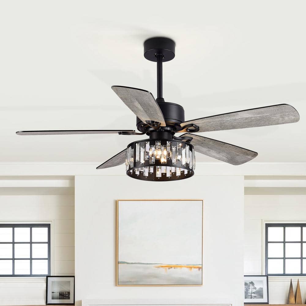 52" Black Crystal Chandelier Ceiling Fan with Remote and Reversible Blades