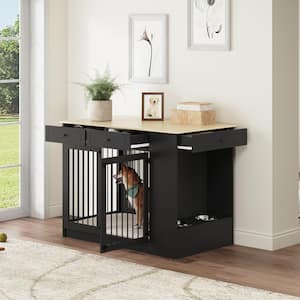 Modern Large Wooden Dog Crate Furniture, Pet Dog Cage with 3 Drawers and 2 Dog Bowls for Large Medium Small Dogs, Black