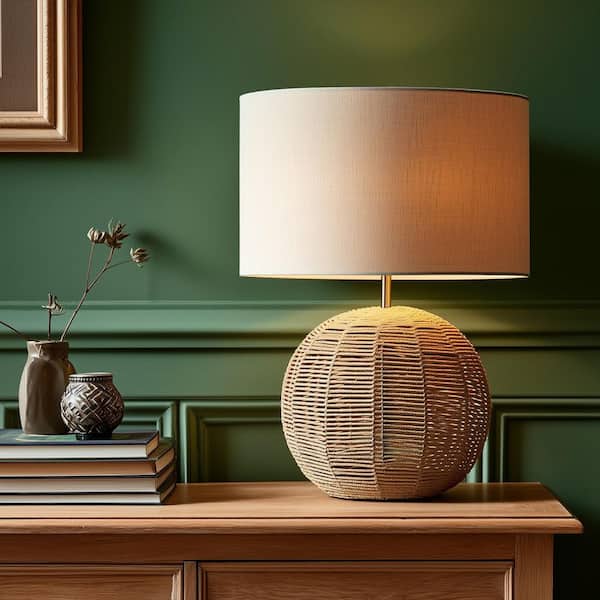 Dana 25 in. Natural Brown Classic Hardwired LED Round Rattan Table Lamp with Classic White Linen Shade