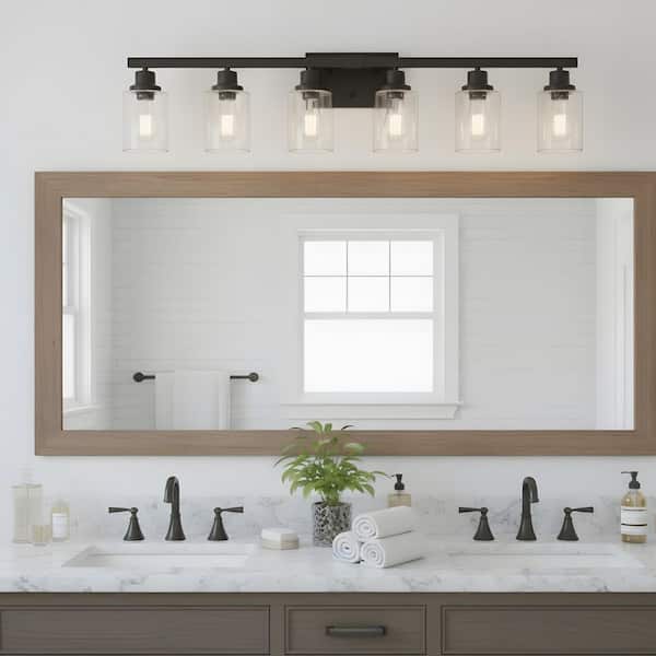 36.8 in. 6-Light Modern Matte Black Bathroom Vanity Light with Classic Glass Shades