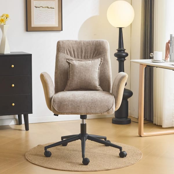 Velvet Fabric Adjustable Height Swivel Task Chair in Khaki with Spread Arms