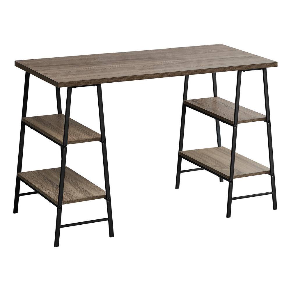 48 in. L Dark Taupe Wood-Look Black Metal Computer Desk 3-Tiers 4-Open Shel