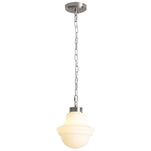 Myrtis 8.26 in. 1-Light Nickel Schoolhouse Metal Pendant Light with Frosted Opal Glass Shade Adjustable Pendant