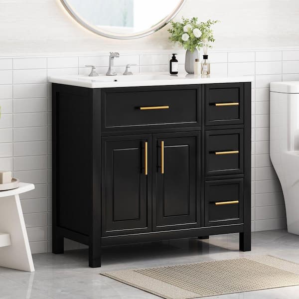 36 in. W x 18.3 in. D x 33.9 in. H Single Sink Freestanding Black Bath Vanity with White Ceramic Top