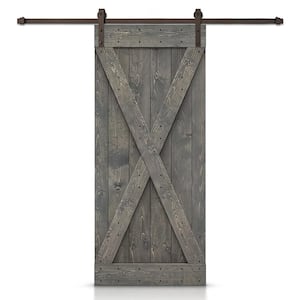 Distressed X Series 26 in. x 84 in. Weather Gray Stained DIY Wood Interior Sliding Barn Door with Hardware Kit