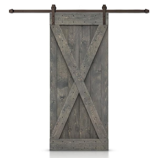 CALHOME Distressed X Series 28 in. x 84 in. Weather Gray Stained DIY Wood Interior Sliding Barn Door with Hardware Kit