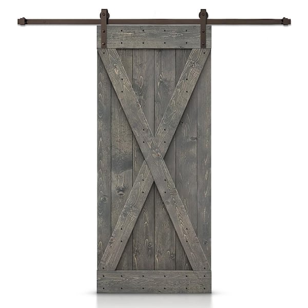 CALHOME X Series 36 in. x 84 in. Pre-Assembled Weather Gray Stained Wood Interior Sliding Barn Door with Hardware Kit