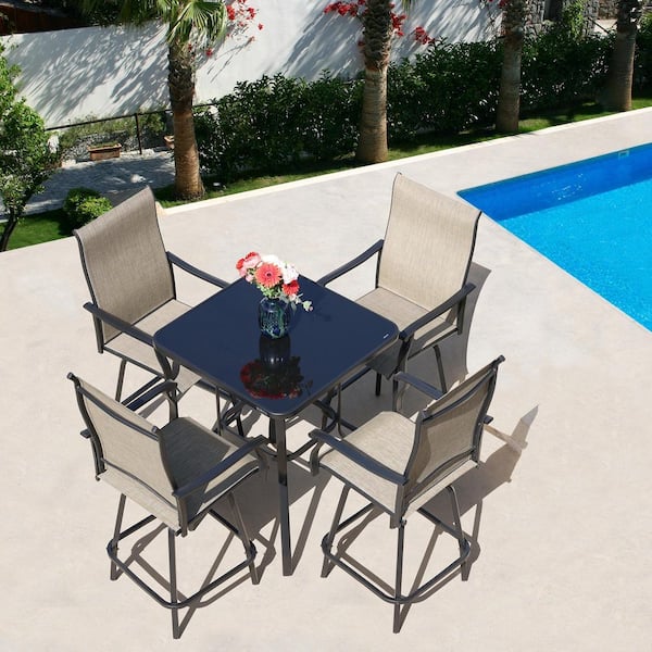Metal 5-Piece Patio Bar Set Bar Table and Chairs Set with All Weather Textilene Bar Stools and Bar Height Table for Deck