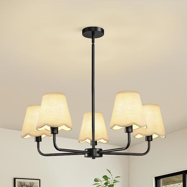 5 Light Farmhouse Black Rustic Round Hanging Chandelier For Kitchen Island With White Linen Shades, No Bulbs Included