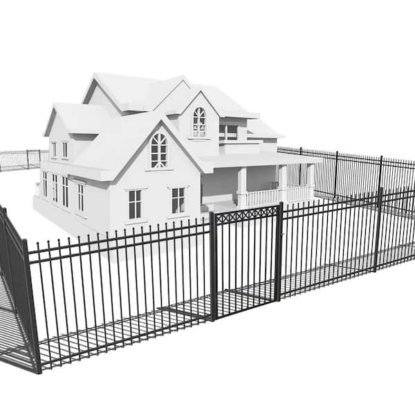 Fencer Wire 5 ft. x 8 ft. Black Heavy-Duty Spaced Bar Pinnacle Steel Fence Panel with Decorative Fence Gate (Set of 76 ft. )