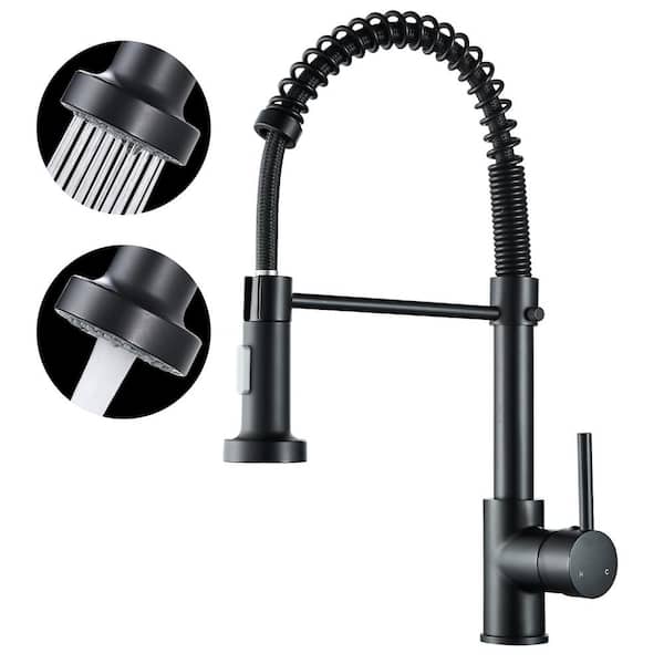 Heemli Spiral tube Single Handle Gooseneck Pull Out Sprayer Kitchen Faucet with Deckplate Included in Matte Black