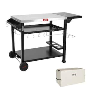 50 in. 3-Shelf Stainless Steel Outdoor Movable Food Prep Grill Cart Table with Foldable Side Table and Grill Cart Cover