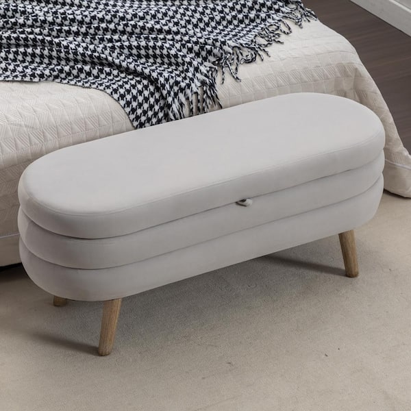 Noble House Faye Light Gray Velvet Modern Oval Storage Ottoman With Wood Legs