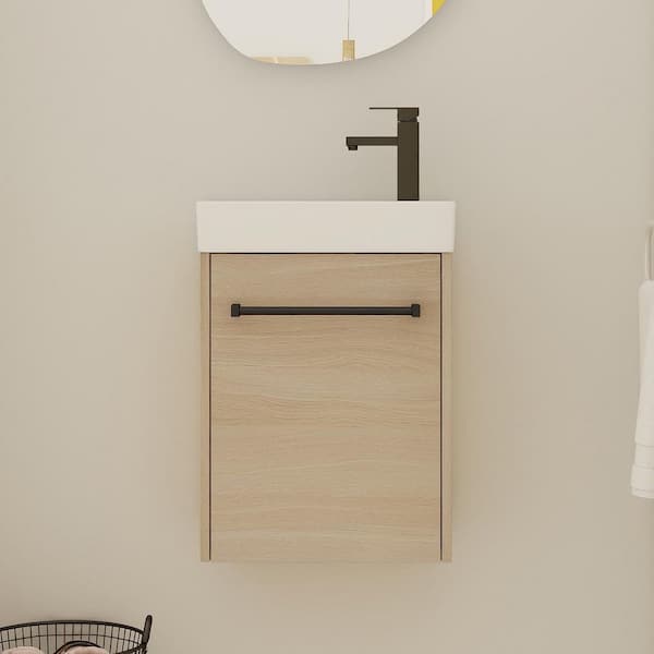 16 in. Single Sink Floating Oak Bath Vanity with White Ceramic Top (Assembled), Soft-Close Doors and Handle Design