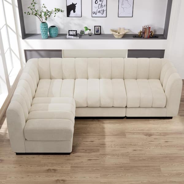 85in. W Chesterfield Roll Arm 1 Piece L Shaped Linen Sectional Sofa in. Beige