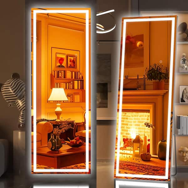 18 in. W x 58 in. H Square Black LED Lighted Floor Standing Mirror, Full Body Dressing Mounted Mirror, Tempered Glass