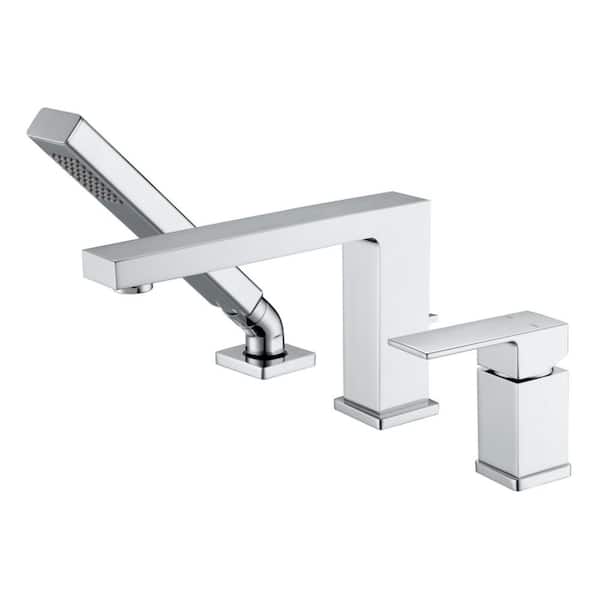 Ultra Faucets Rift Single Handle Deck-Mounted Roman Tub Faucet with Hand Shower in Polished Chrome