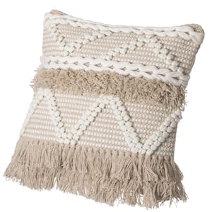 16 in. x 16 in. Natural Handwoven Cotton Pillow Cover with White Dot Pattern and Natural Tassel Fringe Lines with Filler