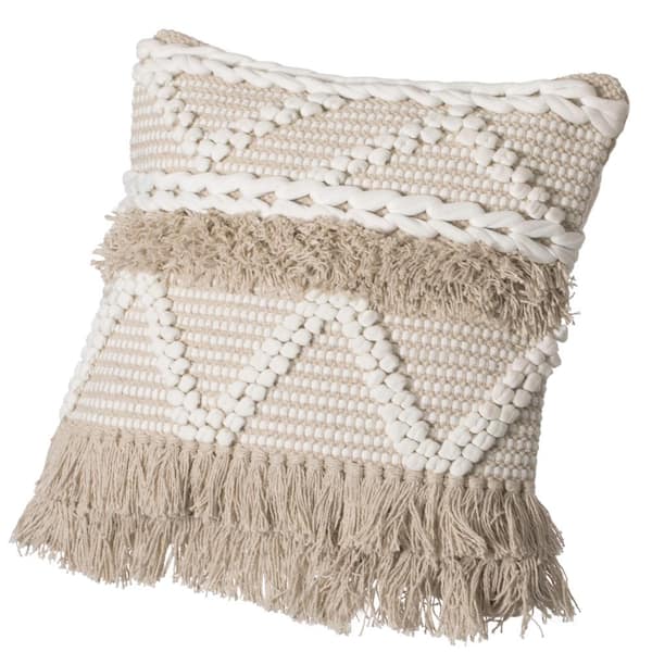 Deerlux 16 Handwoven Cotton Throw Pillow Cover with White Dot Pattern and Natural Tassel Fringe Lines with Cushion