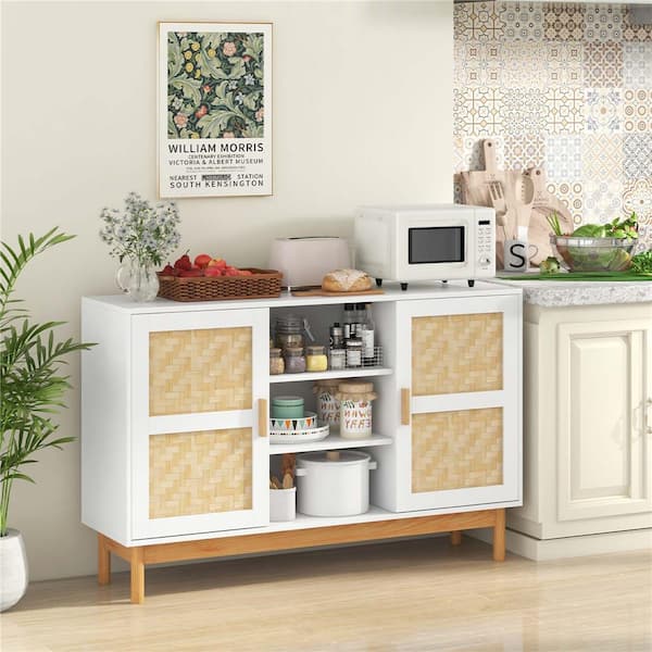 Costway White Wood 48 in. Sideboard Buffet Cabinet with 2 Bamboo Woven Doors 3 Open Shelves