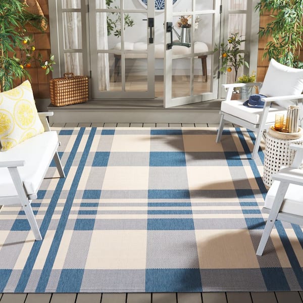 Courtyard Beige/Blue 10 ft. x 14 ft. Plaid Indoor/Outdoor Area Rug