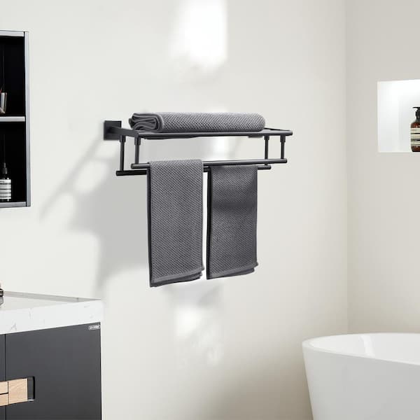 20 in. Bathroom Wall Mounted Double Tier Towel Rack with Double Towel Bar Stainless Steel in Matte Black