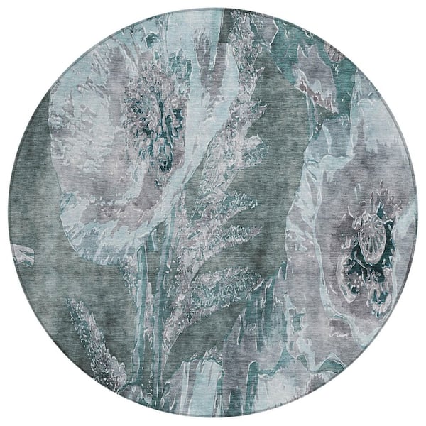 Chantille Machine Washable Indoor/Outdoor Abstract ACN2798 Teal 8 ft. x 8 ft. Round Rug