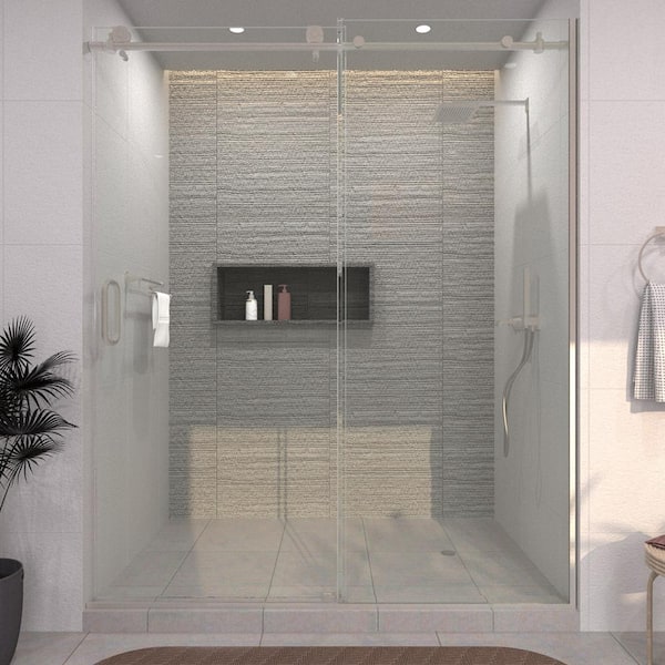 60 in. W x 76 in. H Sliding Semi-Frameless Shower Door in Brushed Nickel Finish with Clear Glass