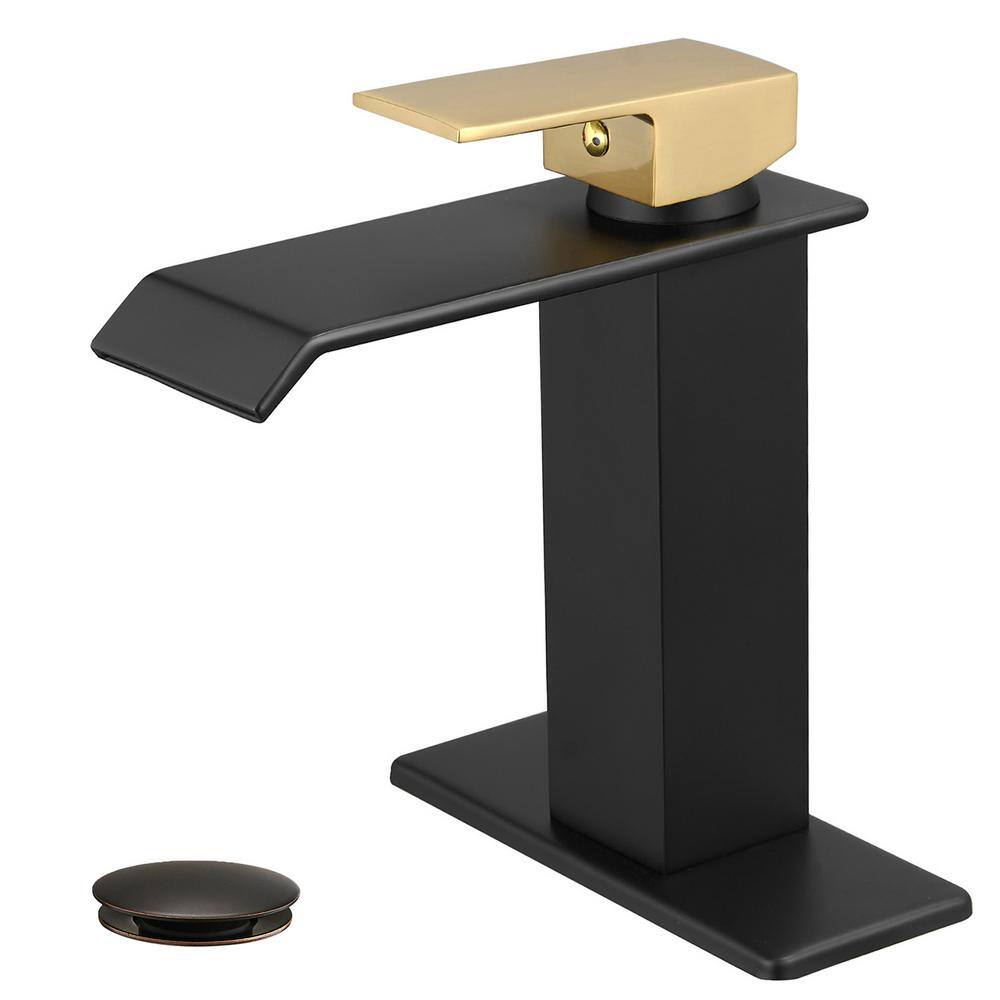 Single-Handle Waterfall Single-Hole Bathroom Faucet with Pop-Up Drain Assembly Kit, Deckplate Included in Gold and Black price history on PriceWatchPro