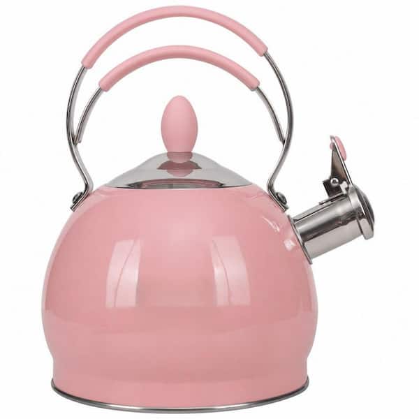 2.6 qt. 12-Cup Stainless Steel Whistling Induction Stovetop Tea Kettle with Pour Spout in Pink